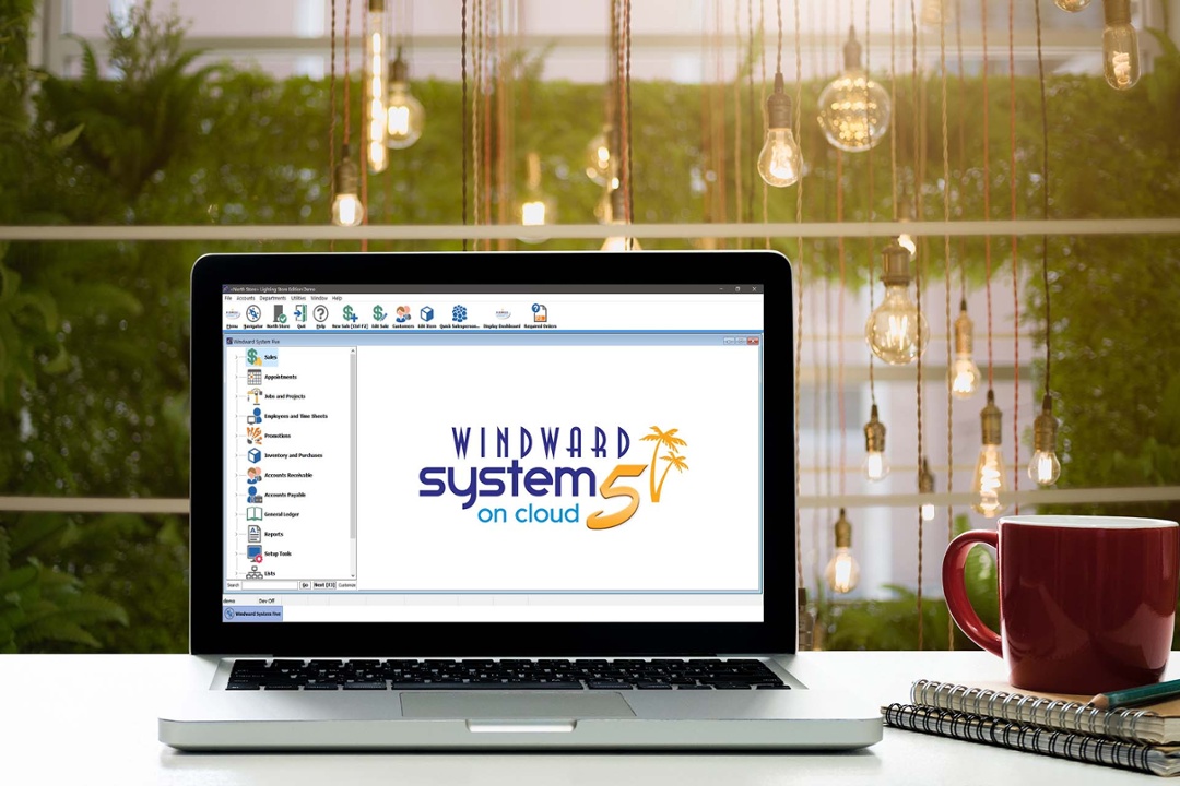 System Five on Cloud displayed on a laptop with a window scene in the background